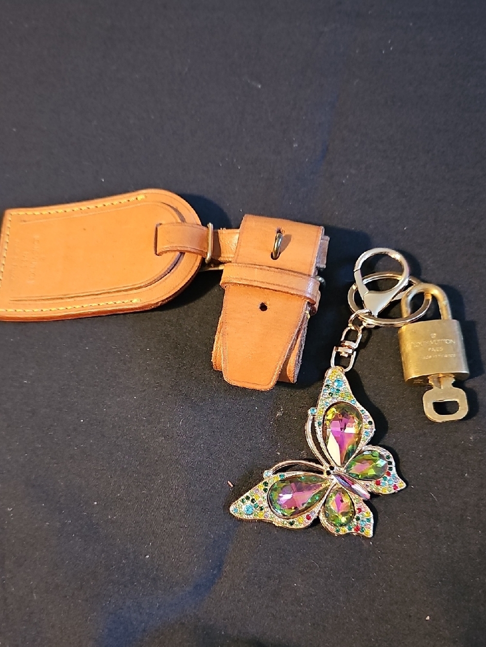 Leather Luggage Tag and Butterfly Keychain Or Bag Charm Tan and Multicolor